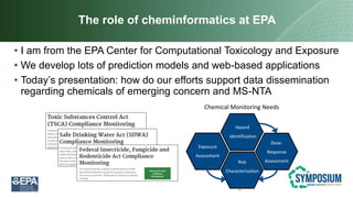 The role of cheminformatics at EPA
• I am from the EPA Center for Computational Toxicology and Exposure
• We develop lots of prediction models and web-based applications
• Today’s presentation: how do our efforts support data dissemination
regarding chemicals of emerging concern and MS-NTA
2
2
Chemical Monitoring Needs
Exposure
Assessment
Dose-
Response
Assessment
Risk
Characterization
Hazard
Identification
 