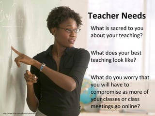 Teacher Needs
What is sacred to you
about your teaching?
What does your best
teaching look like?
What do you worry that
you will have to
compromise as more of
your classes or class
meetings go online?
http://www.flickr.com/photos/cybrarian77

 