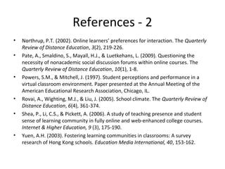 References - 2
•
•

•

•
•

•

Northrup, P.T. (2002). Online learners’ preferences for interaction. The Quarterly
Review of Distance Education, 3(2), 219-226.
Pate, A., Smaldino, S., Mayall, H.J., & Luetkehans, L. (2009). Questioning the
necessity of nonacademic social discussion forums within online courses. The
Quarterly Review of Distance Education, 10(1), 1-8.
Powers, S.M., & Mitchell, J. (1997). Student perceptions and performance in a
virtual classroom environment. Paper presented at the Annual Meeting of the
American Educational Research Association, Chicago, IL.
Rovai, A., Wighting, M.J., & Liu, J. (2005). School climate. The Quarterly Review of
Distance Education, 6(4), 361-374.
Shea, P., Li, C.S., & Pickett, A. (2006). A study of teaching presence and student
sense of learning community in fully online and web-enhanced college courses.
Internet & Higher Education, 9 (3), 175-190.
Yuen, A.H. (2003). Fostering learning communities in classrooms: A survey
research of Hong Kong schools. Education Media International, 40, 153-162.

 