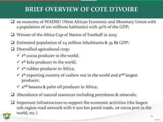 BRIEF OVERVIEW OF COTE D’IVOIRE
16
 1st economy of WAEMU (West African Economic and Monetary Union with
a population of 100 millions habitants) with 40% of the GDP;
 Winner of the Africa Cup of Nation of Football in 2015;
 Estimated population of 24 million inhabitants & 35 B$ GDP;
 Diversified agricultural crop:
 1st cocoa producer in the world;
 1st kola producer in the world;
 1st rubber producer in Africa;
 1st exporting country of cashew nut in the world and 2nd largest
producer;
 2nd banana & palm oil producer in Africa;
 Abundance of natural resources including petroleum & minerals;
 Important infrastructure to support the economic activities (the largest
sub-region road network with 6 500 km paved roads, 1st cocoa port in the
world, etc.)
 