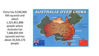 China has 9,596,960
KM squared and
about
1,321,851,888
people where
Australia has
7,686,850 KM
squared and has
about 20,434,176
people
 
