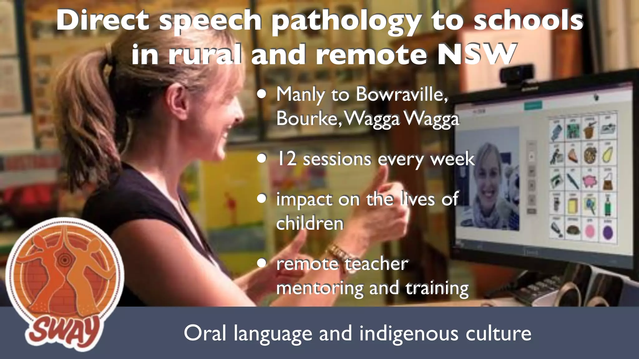 Oral language and indigenous culture
Direct speech pathology to schools 
in rural and remote NSW
• Manly to Bowraville,
Bourke,Wagga Wagga
• 12 sessions every week
• impact on the lives of
children
• remote teacher
mentoring and training
 