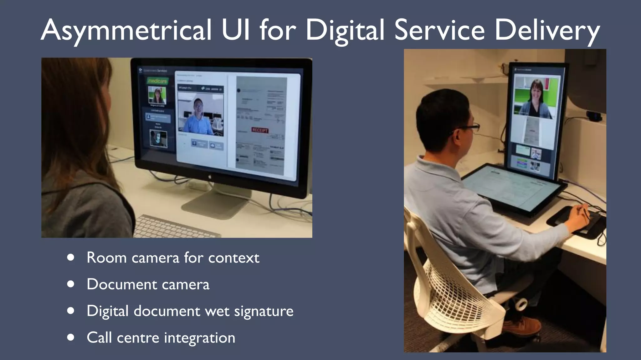 Asymmetrical UI for Digital Service Delivery
• Room camera for context
• Document camera
• Digital document wet signature
• Call centre integration
 
