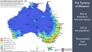 https://aifs.gov.au/publications/tyrannies-distance-and-disadvantage/
The Tyranny
of Distance
95% of 
Australia is 
rural and remote
12% of 
the population
Disconnected 
from
Services
 