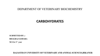DEPARTMENT OF VETERINARY BIOCHEMISTRY
CARBOHYDRATES
SUBMITTED BY ;-
BHAGRAJ GODARA
M.V.Sc 1st year
RAJASTHAN UNIVERSITY OF VETERINARY AND ANIMAL SCIENCES,BIKANER
 