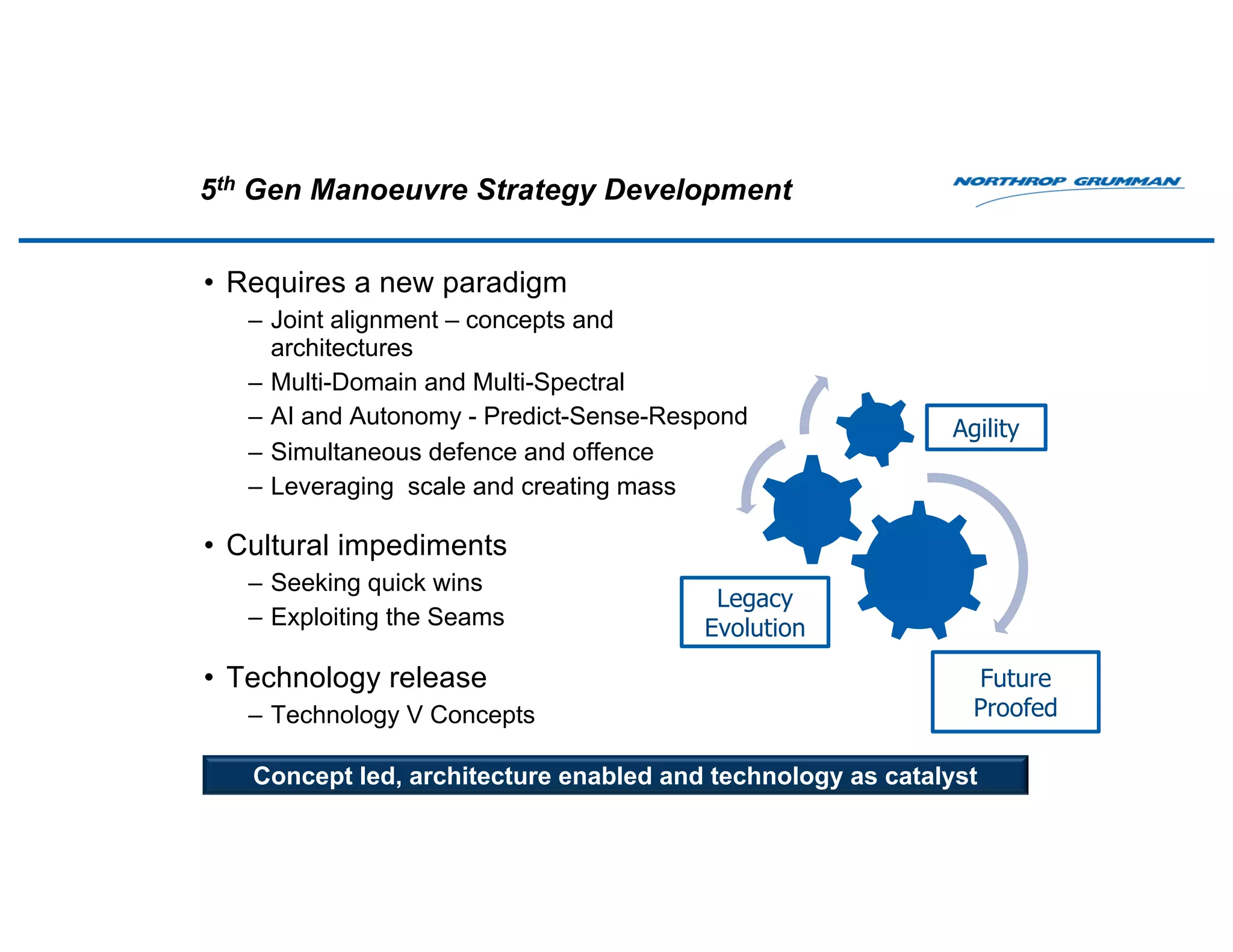 5th Gen Manoeuvre Strategy Development
• Requires a new paradigm
– Joint alignment – concepts and
architectures
– Multi-Domain and Multi-Spectral
– AI and Autonomy - Predict-Sense-Respond
– Simultaneous defence and offence
– Leveraging scale and creating mass
• Cultural impediments
– Seeking quick wins
– Exploiting the Seams
• Technology release
– Technology V Concepts
Agility
Future
Proofed
Legacy
Evolution
Concept led, architecture enabled and technology as catalyst
 