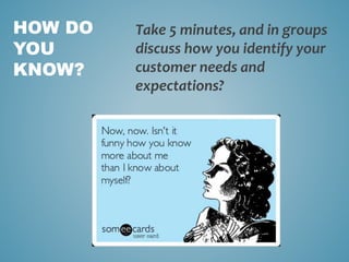 Take 5 minutes, and in groups
discuss how you identify your
customer needs and
expectations?
HOW DO
YOU
KNOW?
 