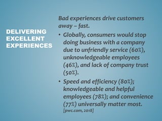 Bad experiences drive customers
away – fast.
• Globally, consumers would stop
doing business with a company
due to unfriendly service (60%),
unknowledgeable employees
(46%), and lack of company trust
(50%).
• Speed and efficiency (80%);
knowledgeable and helpful
employees (78%); and convenience
(77%) universally matter most.
[pwc.com, 2018]
DELIVERING
EXCELLENT
EXPERIENCES
 