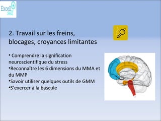 2. Travail sur les freins,
blocages, croyances limitantes
• Comprendre la signification
neuroscientifique du stress
•Reconnaître les 6 dimensions du MMA et
du MMP
•Savoir utiliser quelques outils de GMM
•S’exercer à la bascule
 