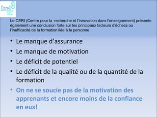 • Le manque d’assurance
• Le manque de motivation
• Le déficit de potentiel
• Le déficit de la qualité ou de la quantité de la
formation
• On ne se soucie pas de la motivation des
apprenants et encore moins de la confiance
en eux!
Le CERI (Centre pour la recherche et l’innovation dans l’enseignement) présente
également une conclusion forte sur les principaux facteurs d’échecs ou
l’inefficacité de la formation liée à la personne :
 
