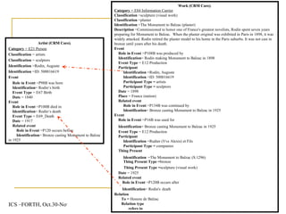 Work (CRM Core) . Category  = E84 Information Carrier Classification  =sculpture (visual work)  Classification  =plaster Identification  =The Monument to Balzac (plaster) Description  =Commissioned to honor one of France's greatest novelists, Rodin spent seven years preparing for Monument to Balzac.  When the plaster original was exhibited in Paris in 1898, it was widely attacked. Rodin retired the plaster model to his home in the Paris suburbs. It was not cast in bronze until years after his death. Event     Role in Event  = P108B was produced by Identification = Rodin making Monument to Balzac in 1898   Event Type  = E12 Production Participant   Identification  =Rodin, Auguste Identification  =ID: 500016619 Participant Type =  artists Participant Type =  sculptors Date  = 1898 Place  = France (nation) Related event     Role in Event  = P134B was continued by Identification =   Bronze casting Monument to Balzac in 1925 Event     Role in Event  = P1 6 B was  used for Identification = Bronze casting Monument to Balzac in 1925     Event Type  = E12 Production Participant   Identification  =Rudier (Vve Alexis) et Fils Participant Type =  companies Thing Present Identification   =The Monument to Balzac (S.1296) Thing Present  Type = bronze Thing Present  Type = sculpture (visual work) Date  = 1925 Related event     Role in Event  = P120B occurs after Identification = Rodin's   death Relation   To =  Honore de Balzac Relation   type   refers to Artist (CRM Core) . Category  = E21 Person Classification  = artists Classification  = sculptors Identification  =Rodin, Auguste Identification  =ID: 500016619 Event     Role in Event  = P98B was born Identification = Rodin‘s birth   Event Type  = E67 Birth Date  = 1840 Event     Role in Event  = P100B died in Identification = Rodin‘s death   Event Type  =  E69_Death Date  = 1917 Related event     Role in Event  = P120 occurs before Identification = Bronze casting Monument to Balzac in 1925 