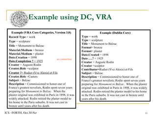 Example using DC, VRA Example (VRA Core Categories, Version 3.0) . Record Type  = work Type  = sculpture Title  = Monument to Balzac Material.Medium  = bronze Material.Medium  = plaster Date.Creation  = 1898 Date.Completion ?  = 1925 Creator  = Auguste Rodin Creator.Role  =sculptor Creator   ? =  Rudier (Vve Alexis) et Fils   Creator.Role  =Casters Subject  = Balzac Description  = Commissioned to honor one of France's greatest novelists, Rodin spent seven years preparing for  Monument to Balzac.  When the plaster original was exhibited in Paris in 1898, it was widely attacked. Rodin retired the plaster model to his home in the Paris suburbs. It was not cast in bronze until years after his death. Example (Dublin Core) Type  = work Type  = sculpture Title  = Monument to Balzac Format = bronze Format = plaster Date.Created  = 1898 Date ….?  = 1925 Creator  = Auguste Rodin Creator  =sculptor Contributor= Rudier (Vve Alexis) et Fils   Subject  = Balzac Description  = Commissioned to honor one of France's greatest novelists, Rodin spent seven years preparing for  Monument to Balzac.  When the plaster original was exhibited in Paris in 1898, it was widely attacked. Rodin retired the plaster model to his home in the Paris suburbs. It was not cast in bronze until years after his death. no connection 