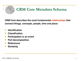 CRM Core describes the most fundamental  relationships  that connect things, concepts, people, time and place:  Identification Classification Participation in an event Part decomposition References Similarity CRM Core Metadata Schema 
