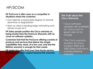 HP/3COM
HP ProCurve is often seen as a competitor in
situations where the customer:
 Can tolerate a reasonable degree of network
downtime or degradation
 Sees no value in leading-edge networking and
refuses to pay for it
HP Sales people position the Cisco warranty as
being shorter than the ProCurve Warranty with no
cover on software updates.
Customers feel that the ProCurve offering consists of
products and services that deliver the simple
capabilities they need, at a low cost, and that the
lifetime warranty is enough for their needs
HP might also offer ProCurve Care Packs service
offerings to provide support beyond the warranty.

The Truth about the
Cisco Warranty

• Cisco software
updates are available
on Cisco.com to
guest users at no
charge
• The Cisco warranty
duration for Cisco
Catalyst 2900 and
3500 Series Switches is
a limited lifetime
warranty

 