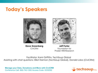 Today’s Speakers Jeff Porter   Foundation for  Prader-Willi Research   Dave Greenberg CiviCRM Facilitator: Kami Griffiths, TechSoup Global  Assisting with chat questions: Elliot Harmon (TechSoup Global), Donald Lobo (CiviCRM) 