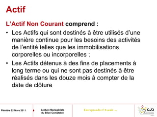 Entreprendre l’Avenir…Plénière 02 Mars 2011 Lecture Managériale
du Bilan Comptable
L’Actif Non Courant comprend :
• Les Actifs qui sont destinés à être utilisés d’une
manière continue pour les besoins des activités
de l’entité telles que les immobilisations
corporelles ou incorporelles ;
• Les Actifs détenus à des fins de placements à
long terme ou qui ne sont pas destinés à être
réalisés dans les douze mois à compter de la
date de clôture
Actif
 