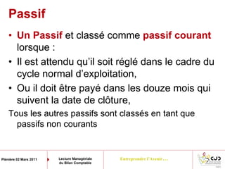 Entreprendre l’Avenir…Plénière 02 Mars 2011 Lecture Managériale
du Bilan Comptable
• Un Passif et classé comme passif courant
lorsque :
• Il est attendu qu’il soit réglé dans le cadre du
cycle normal d’exploitation,
• Ou il doit être payé dans les douze mois qui
suivent la date de clôture,
Tous les autres passifs sont classés en tant que
passifs non courants
Passif
 