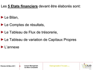 Entreprendre l’Avenir…Plénière 02 Mars 2011 Lecture Managériale
du Bilan Comptable
Les 5 Etats financiers devant être élaborés sont:
Le Bilan,
Le Comptes de résultats,
Le Tableau de Flux de trésorerie,
Le Tableau de variation de Capitaux Propres
L’annexe
 
