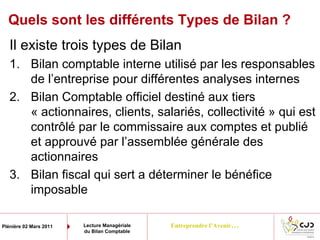 Entreprendre l’Avenir…Plénière 02 Mars 2011 Lecture Managériale
du Bilan Comptable
Quels sont les différents Types de Bilan ?
Il existe trois types de Bilan
1. Bilan comptable interne utilisé par les responsables
de l’entreprise pour différentes analyses internes
2. Bilan Comptable officiel destiné aux tiers
« actionnaires, clients, salariés, collectivité » qui est
contrôlé par le commissaire aux comptes et publié
et approuvé par l’assemblée générale des
actionnaires
3. Bilan fiscal qui sert a déterminer le bénéfice
imposable
 