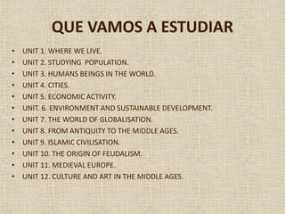 QUE VAMOS A ESTUDIAR
• UNIT 1. WHERE WE LIVE.
• UNIT 2. STUDYING POPULATION.
• UNIT 3. HUMANS BEINGS IN THE WORLD.
• UNIT 4. CITIES.
• UNIT 5. ECONOMIC ACTIVITY.
• UNIT. 6. ENVIRONMENT AND SUSTAINABLE DEVELOPMENT.
• UNIT 7. THE WORLD OF GLOBALISATION.
• UNIT 8. FROM ANTIQUITY TO THE MIDDLE AGES.
• UNIT 9. ISLAMIC CIVILISATION.
• UNIT 10. THE ORIGIN OF FEUDALISM.
• UNIT 11. MEDIEVAL EUROPE.
• UNIT 12. CULTURE AND ART IN THE MIDDLE AGES.
 