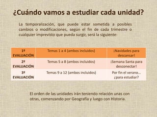 ¿Cuándo vamos a estudiar cada unidad?
La temporalización, que puede estar sometida a posibles
cambios o modificaciones, según el fin de cada trimestre o
cualquier imprevisto que pueda surgir, será la siguiente:
El orden de las unidades irán teniendo relación unas con
otras, comenzando por Geografía y luego con Historia.
1º
EVALUACIÓN
Temas 1 a 4 (ambos incluidos) ¡Navidades para
descansar!
2º
EVALUACIÓN
Temas 5 a 8 (ambos incluidos) ¡Semana Santa para
desconectar!
3º
EVALUACIÓN
Temas 9 a 12 (ambos incluidos) Por fin el verano…
¿para estudiar?
 
