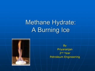 Methane Hydrate:
 A Burning Ice

                  By
             Priyaranjan
               2nd Year
       Petroleum Engineering
 