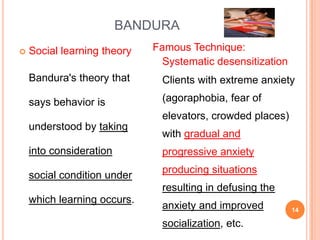 BANDURA
   Social learning theory   Famous Technique:
                               Systematic desensitization
    Bandura's theory that     Clients with extreme anxiety

    says behavior is          (agoraphobia, fear of
                              elevators, crowded places)
    understood by taking
                              with gradual and
    into consideration        progressive anxiety
                              producing situations
    social condition under
                              resulting in defusing the
    which learning occurs.
                              anxiety and improved          14

                              socialization, etc.
 