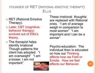 FOUNDER OF   RET (RATIONAL-EMOTIVE THERAPY)
                        ELLIS
                           These irrational thoughts
 RET (Rational Emotive    are replaced with Rational
  Therapy).                ones. “I am of average
 Later, CBT (cognitive-   weigh in comparison to
  behavior therapy)        most women” “I am
  evolved out of Ellis’s   important and I can be a
  theory.                  winner”
 The therapist helps
  identify Irrational      Psycho-education: The
  Though patterns the      individual then is educated
  client has adopted. “I   on how our Thinking
  am overweight” “I am     affects how we Feel or
  a looser, I am not       Emote. How we feel
  important”               affects our Behavior.         15
 