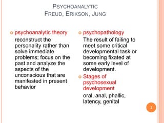 PSYCHOANALYTIC
                FREUD, ERIKSON, JUNG

   psychoanalytic theory      psychopathology
    reconstruct the             The result of failing to
    personality rather than     meet some critical
    solve immediate             developmental task or
    problems; focus on the      becoming fixated at
    past and analyze the        some early level of
    aspects of the              development.
    unconscious that are       Stages of
    manifested in present       psychosexual
    behavior                    development
                                oral, anal, phallic,
                                latency, genital
                                                           3
 
