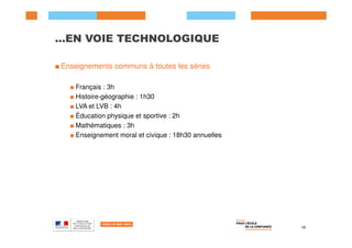 …EN VOIE TECHNOLOGIQUE
■ Enseignements communs à toutes les séries
■ Français : 3h
■ Histoire-géographie : 1h30
■ LVA et LVB : 4h
■ Éducation physique et sportive : 2h
■ Mathématiques : 3h
■ Mathématiques : 3h
■ Enseignement moral et civique : 18h30 annuelles
10
 