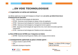 …EN VOIE TECHNOLOGIQUE
■ L’organisation en séries est maintenue
Les élèves optant pour la voie technologique se dirigent vers une série, qui déterminera leurs
enseignements de spécialité :
■ STL : Sciences et technologies de laboratoire
■ STD2A : Sciences et technologies du design et des arts appliqués
■ STI2D : Sciences et technologies de l’industrie et du développement durable
■ STMG : Sciences et technologies du management et de la gestion
■ STAV : Sciences et technologies de l’agronomie et du vivant (dans les lycées agricoles
■ STAV : Sciences et technologies de l’agronomie et du vivant (dans les lycées agricoles
uniquement)
■ STHR : Sciences et technologies de l’hôtellerie et de la restauration
La filière STMD devient S2TMD avec l’intégration du théâtre
■ S2TMD : Sciences et techniques du théâtre, de la musique et de la danse
■ 2 enseignements optionnels au plus à choisir parmi :
■ Langue vivante C (série STHR)
■ Arts
■ Education physique et sportive
11
Focus : La filière STHR s’intègre
dès la Seconde
 