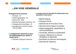 …EN VOIE GÉNÉRALE
■ Enseignements communs
■ Français : 4h
■ Histoire-géographie : 3h
■ LVA et LVB : 4h30
■ Éducation physique et sportive : 2h
■ Enseignement scientifique : 2h
■ Enseignement moral et civique :
■ 3 enseignements de spécialité (4h hebdomadaires par
spécialité) à choisir parmi :
■ Mathématiques
■ Physique-chimie
■ Sciences de la Vie et de la Terre
■ Sciences économiques et sociales
■ Enseignement moral et civique :
18h annuelles
■ 1 enseignement optionnel au plus*
(3h hebdomadaires par option) à
choisir parmi :
■ Education physique et sportive
8
■ Histoire géographie, géopolitique et
sciences politiques
■ Humanités, littérature et philosophie
■ Langues, littératures et cultures
étrangères et régionales
■ Numérique et sciences informatiques
■ Sciences de l'ingénieur
 