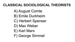 CLASSICAL SOCIOLOGICAL THEORISTS
A) August Comte
B) Emile Durkheim
C) Herbert Spenser
D) Max Weber
E) Karl Marx
F) George Simmel
 