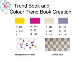 Damier Azur R - 255 G - 212 B - 0 R - 212 G - 19 B - 128 R - 232 G - 223 B - 205 R - 125 G - 116 B - 119 Monogram Multicolore Trend   Book   and   Colour Trend   Book   Creation 