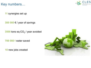 Key numbers…
11 synergies set up
300 000 € / year of savings
3500 tons eq CO2 / year avoided
700 000 l water saved
10 new ...