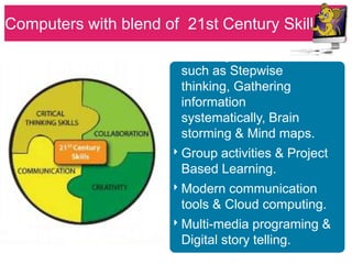 Computers with blend of 21st Century Skills
                      ‣ Thinking Process skills
                       such as Stepwise
                       thinking, Gathering
                       information
                       systematically, Brain
                       storming & Mind maps.
                      ‣ Group activities & Project
                       Based Learning.
                      ‣ Modern communication
                       tools & Cloud computing.
                      ‣ Multi-media programing &
                       Digital story telling.
 