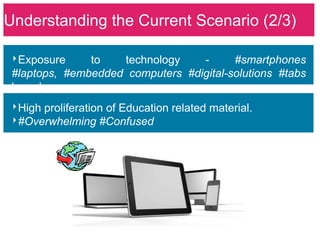 Understanding the Current Scenario (2/3)

‣Exposure      to    technology   -      #smartphones
 #laptops, #embedded computers #digital-solutions #tabs
 have become a norm.
‣High proliferation of Education related material.
‣#Overwhelming #Confused
 