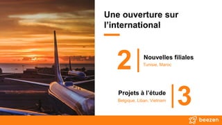 2 Nouvelles filiales
3Projets à l’étude
Belgique, Liban, Vietnam
Tunisie, Maroc
Une ouverture sur
l’international
 