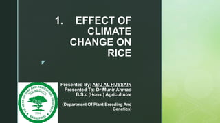 z
1. EFFECT OF
CLIMATE
CHANGE ON
RICE
Presented By: ABU AL HUSSAIN
Presented To: Dr Munir Ahmad
B.S.c (Hons.) Agricultutre
(Department Of Plant Breeding And
Genetics)
 