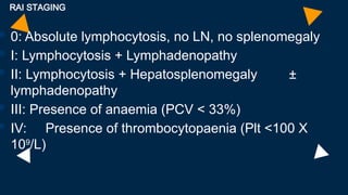 RAI STAGING
 0: Absolute lymphocytosis, no LN, no splenomegaly
 I: Lymphocytosis + Lymphadenopathy
 II: Lymphocytosis + Hepatosplenomegaly ±
lymphadenopathy
 III: Presence of anaemia (PCV < 33%)
 IV: Presence of thrombocytopaenia (Plt <100 X
109
/L)
 