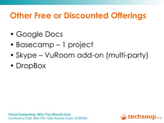 Other Free or Discounted Offerings Google Docs Basecamp – 1 project Skype – VuRoom add-on (multi-party) DropBox 