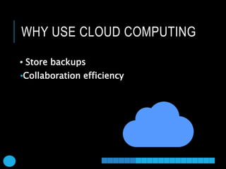 WHY USE CLOUD COMPUTING
• Store backups
•Collaboration efficiency
• Store backups
Collaboration efficiency
 
