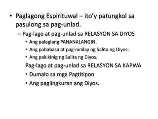 • Paglagong Espirituwal – ito’y patungkol sa
pasulong sa pag-unlad.
– Pag-lago at pag-unlad sa RELASYON SA DIYOS
• Ang palagiang PANANALANGIN.
• Ang pababasa at pag-ninilay ng Salita ng Diyos.
• Ang pakikinig ng Salita ng Diyos.
Pag-lago at pag-unlad sa RELASYON SA KAPWA
• Dumalo sa mga Pagtitipon
• Ang paglingkuran ang Diyos.
 