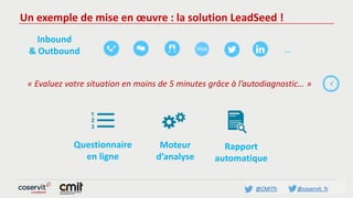 @CMITfr @coservit_fr
Un exemple de mise en œuvre : la solution LeadSeed !
Questionnaire
en ligne
Moteur
d’analyse
Rapport
automatique
« Evaluez votre situation en moins de 5 minutes grâce à l’autodiagnostic… »
…
Inbound
& Outbound
 