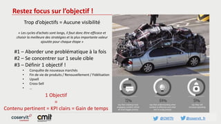 @CMITfr @coservit_fr
Restez focus sur l’objectif !
Trop d’objectifs = Aucune visibilité
« Les cycles d’achats sont longs, il faut donc être efficace et
choisir la meilleure des stratégies et la plus importante valeur
ajoutée pour chaque étape »
#1 – Aborder une problématique à la fois
#2 – Se concentrer sur 1 seule cible
#3 – Définir 1 objectif !
• Conquête de nouveaux marchés
• Fin de vie de produits / Renouvellement / Fidélisation
• Upsell
• Cross-Sell
• …
1 Objectif
=
Contenu pertinent = KPI clairs = Gain de temps
 