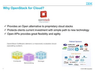 Why OpenStack for Cloud? 
 Provides an Open alternative to proprietary cloud stacks 
 Protects clients current investment with simple path to new technology 
 Open APIs provides great flexibility and agility 
7 © 2014 IBM Corporation 
 