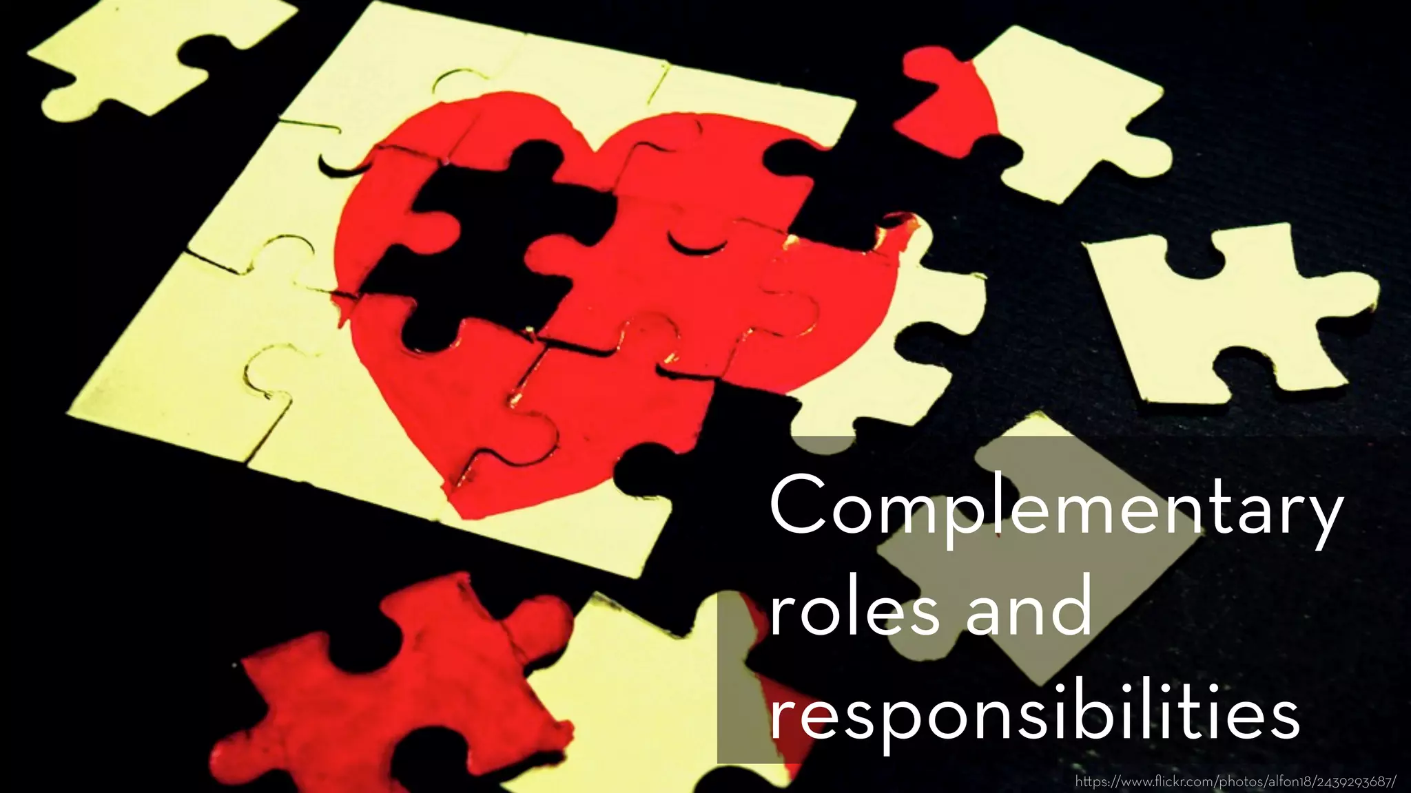 h ps://www.ﬂickr.com/photos/alfon18/2439293687/
Complementary
roles and
responsibilities
 