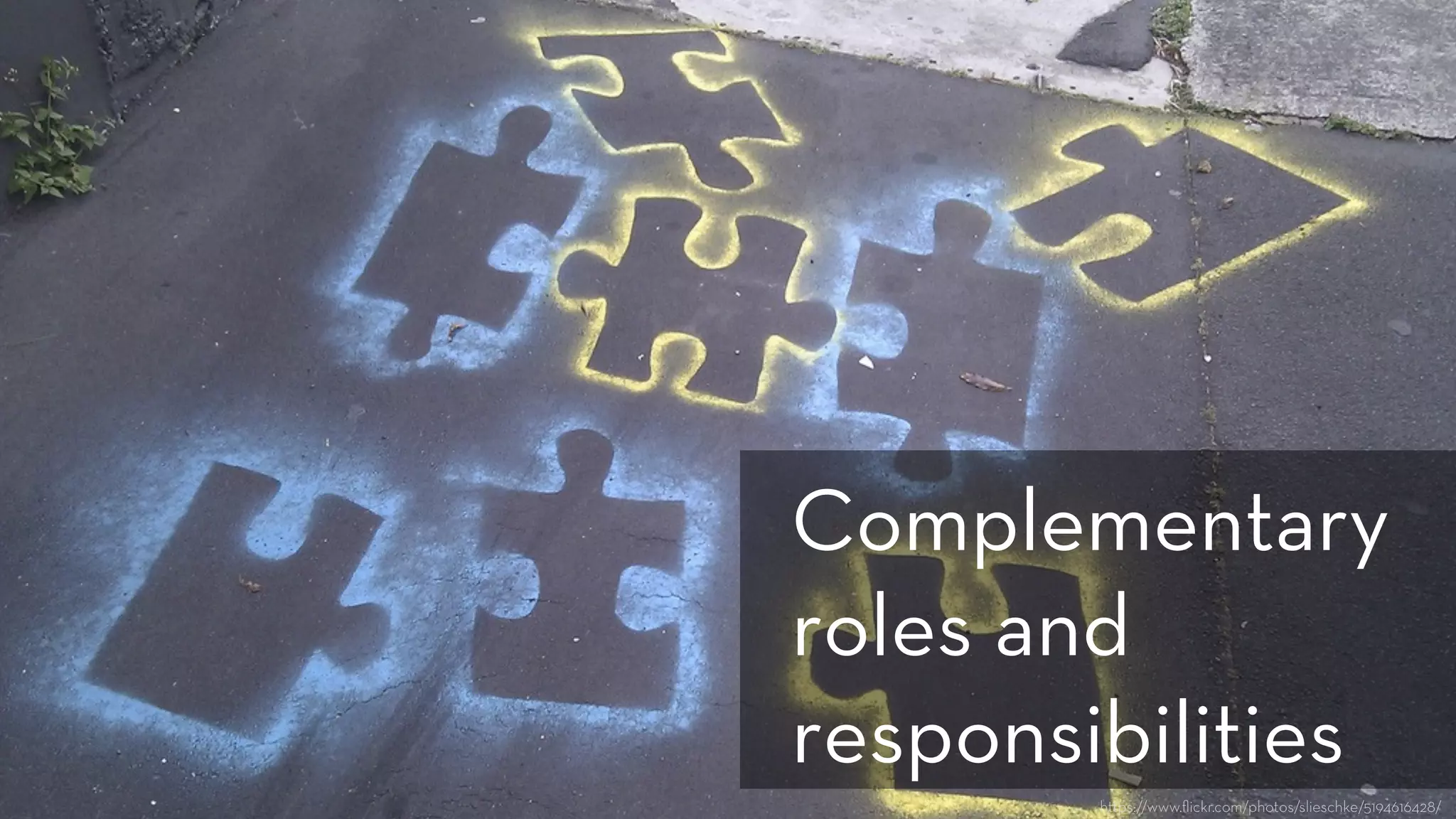 h ps://www.ﬂickr.com/photos/slieschke/5194616428/
Complementary
roles and
responsibilities
 