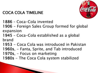 COCA COLA TIMELINE
1886 – Coca-Cola invented
1906 - Foreign Sales Group formed for global
expansion
1945 – Coca-Cola established as a global
brand
1953 - Coca Cola was introduced in Pakistan
1960s, - Fanta, Sprite, and Tab introduced
1970s, - Focus on marketing
1980s - The Coca Cola system stabilized
 