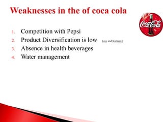 1. Competition with Pepsi
2. Product Diversification is low Lays and Kurkure )
3. Absence in health beverages
4. Water management
 